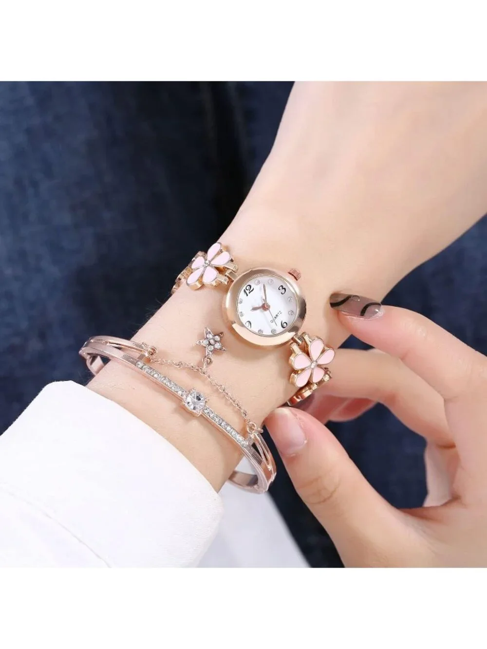 Women's Pink Analog Quartz Bracelet Set Fashion Waterproof Flower Shaped Watch